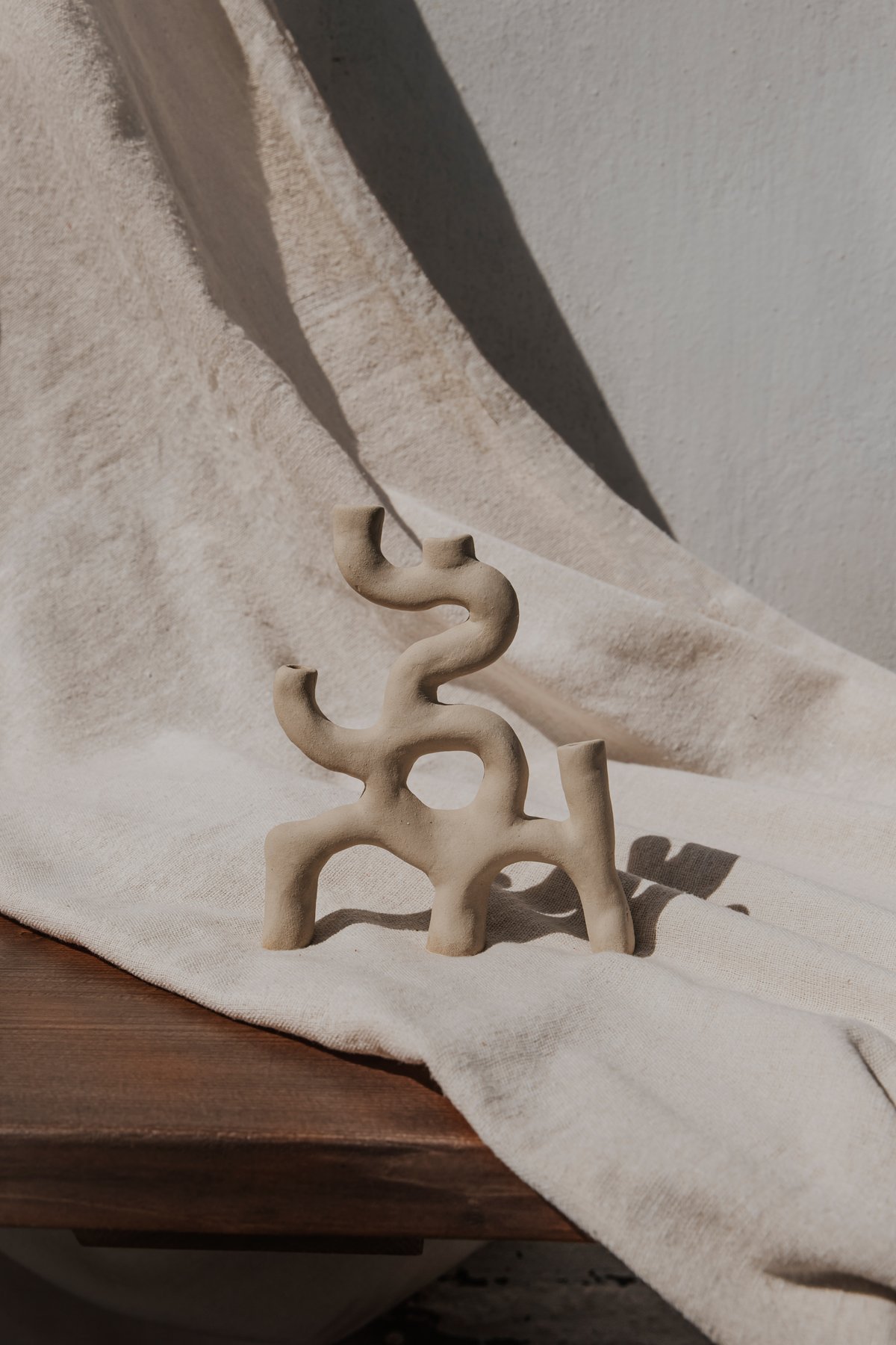 Choreography of Clay &mdash; a group of branching, unglazed stoneware sculptures on linen