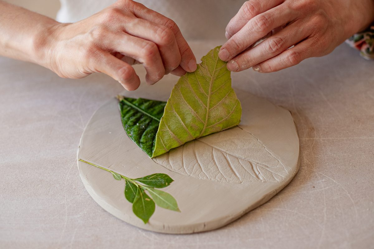 The Slab Narrative workshop — botanical leaves imprinted into a clay slab