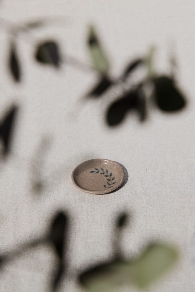 Olive branches casting soft shadows over a ceramic vessel in the Afis Yfes studio